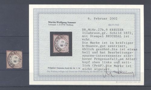 Dt. Reich Michel Nummer 27b, 9 Kr. Prägeausfall gestempelt Befund BPP