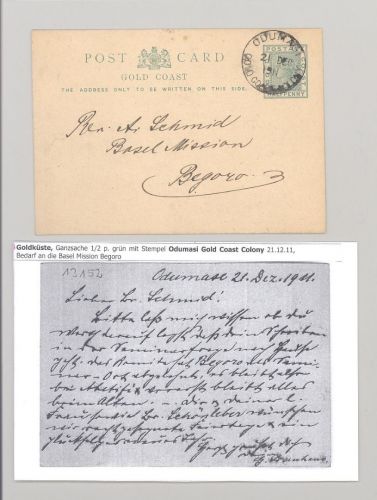 Dt. Kolonien - Goldküste GB, gelaufene GA 1911 aus Odumasi