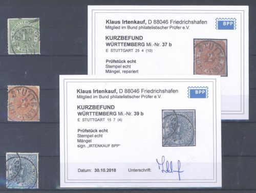 Württemberg, gestempelter Posten Farben aus Michel 36-41, Befunde