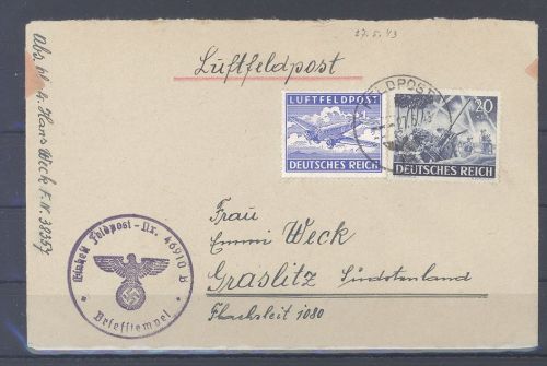 Dt. Feldpost 2. WK, Feldpost Brief 1943 mit seltener Zuf nach Graslitz