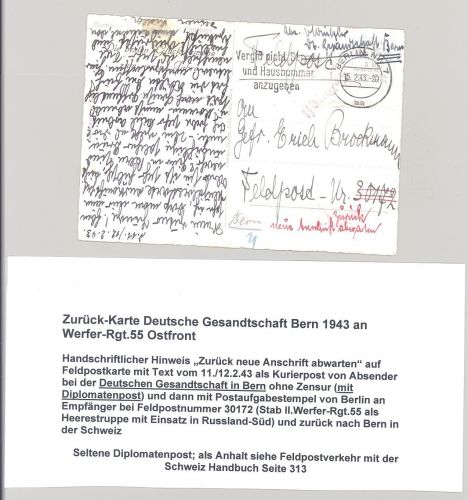 Dt. Feldpost 2. WK, Diplomatenpost Zurück Karte 1943 nach Bern