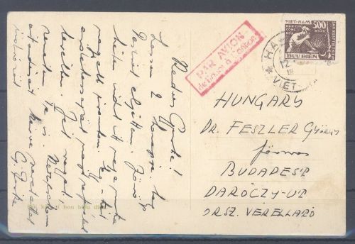 Vietnam, Karte mit 500 D Produktionsförderung 1953 aus Hanoi nach Budapest