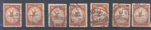Dt. Reich, 7 x Michel Nummer I, 10 Pfg. Flugpost 1912 gestempelt