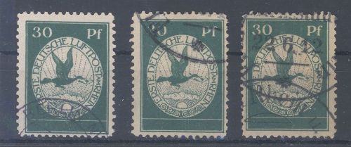 Dt. Reich, 3 x Michel Nummer III, 30 Pfg. Flugpost 1912 gestempelt