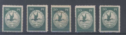 Dt. Reich, 5 x Michel Nummer III, 30 Pfg. Flugpost 1912 ungebraucht *
