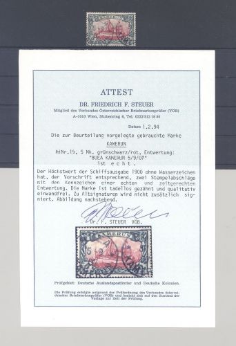 Dt. Kolonien Kamerun Michel Nr. 19, 5 Mark 1900 gestempelt, FA Steuer