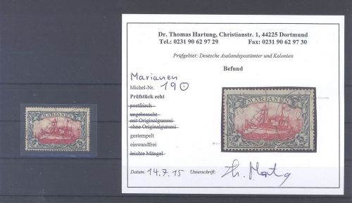 Dt. Kolonien Marianen Michel Nr. 19, 5 Mark 1900 gestempelt, Befund