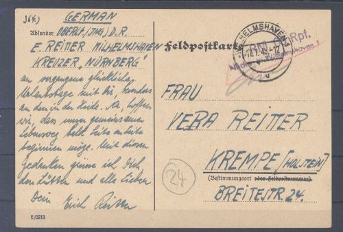 Dt. Feldpost 2. WK, Karte 17.7. 1945 Kreuzer Nürnberg aus Wilhelmshafen