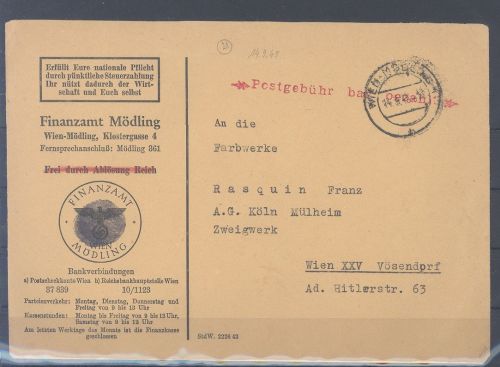 Österreich, Brief vom 14.9.1945 vom Finanzamt Modling nach Wien