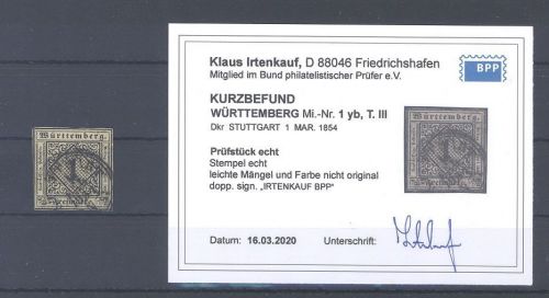 Württemberg Michel Nummer 1yb, 1 Kreuzer gestempelt, Befund BPP