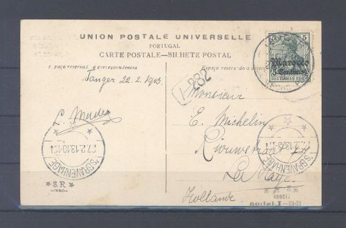 Deutsche Post Marokko, gelaufene AK 1913 aus Tanger nach Holland