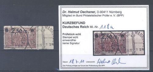 Dt. Reich Michel Nummer 118a, 2,50 Mark 1920 Topstempel, Befund BPP