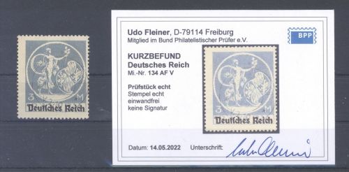 Dt. Reich Michel Nummer 134 AF V, 3 Mark 1920 gestempelt, Befund BPP