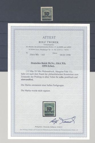 Dt. Reich Michel Nummer 336 A Wb, 10 Mrd. Freimarke 1923 **, FA BPP