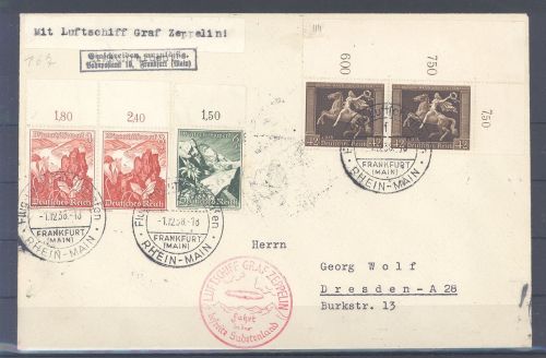 Dt. Reich Zeppelinpost, Brief mit u.a. 2 x Michel 671x als Eckrandpaar