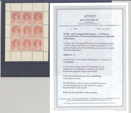 Dt. Reich, Propagandafälschung 2. WK Michel Nr. 17 ** Kleinbogen, Befund BPP