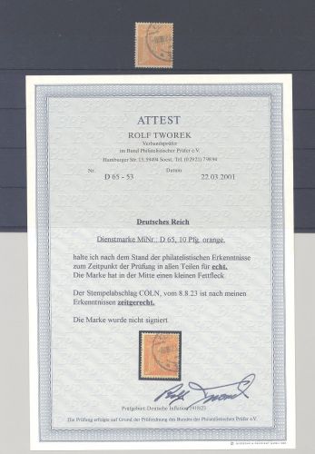 Dt. Reich Dienst Michel Nummer 65, 10 Pfg 1921-22 gestempelt, FA BPP