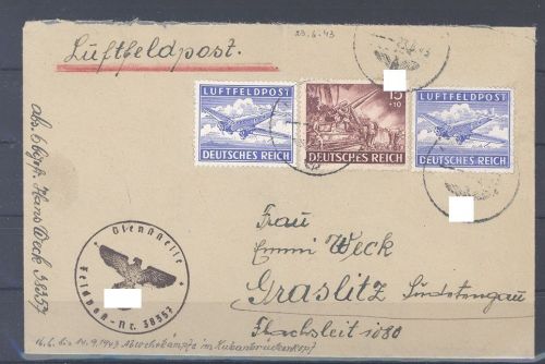 Dt. Feldpost 2. WK, Feldpost Brief 1943 mit seltener Zuf nach Graslitz