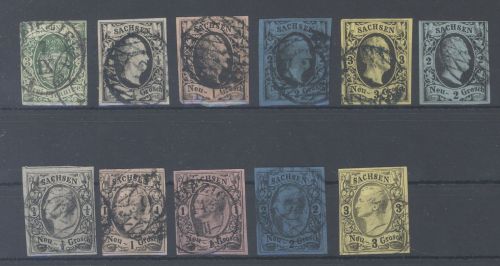 Sachsen Michel Nummer 2-11, Freimarken 1851-56 gestempelt.