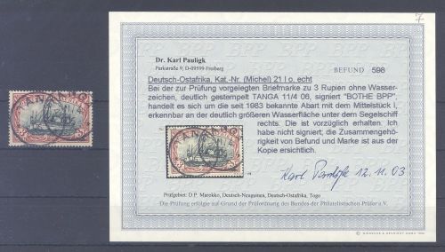Dt. Kolonien Ostafrika Michel Nr. 21 I, 3 Rupien gestempelt, Befund BPP