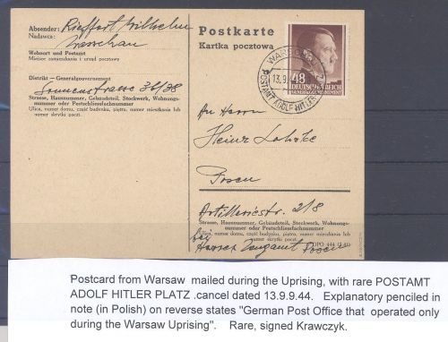 Dt. Bes. 2. WK Generalg., Karte Postamt Adolf Hitler Platz Warschau
