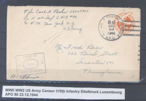 Dt. Feldpost 2. WK, US Cover 23.12.1944 Luxemburg APO 80 in die USA