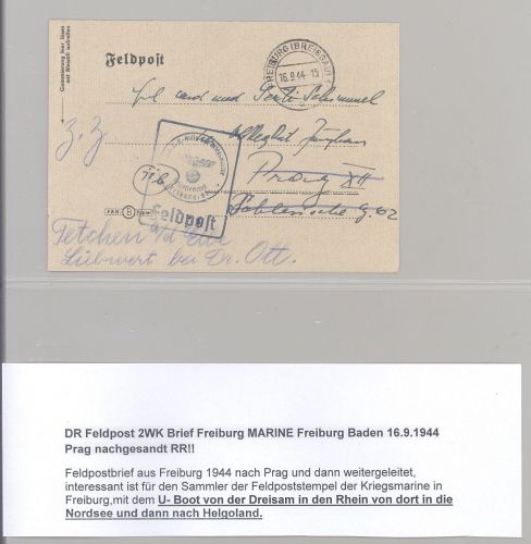 Dt. Feldpost 2. WK, U - Boot Brief 1944 aus Freiburg mit Marinestempel
