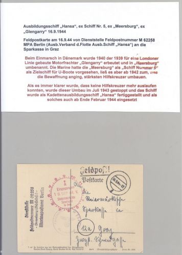 Dt. Feldpost 2. WK, Karte 1944 vom Ausbildungsschiff Hansa nach Graz