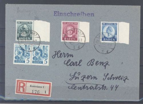 Franz. Zone Baden, R - Brief mit Michel Nummer 47-49 Goethe 1949 MiF