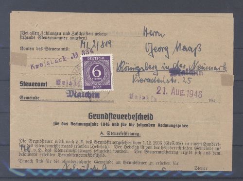 All. Bes., frankierter Grundsteuerbescheid 1946 aus Malchin