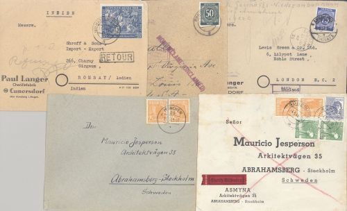 All. Bes., 5 Briefe mit verschiedenen Destinationen u.a. Indien