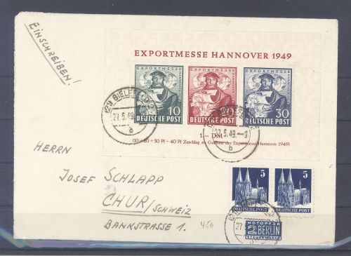 Bizone, Brief mit Block 1, Exportmesse 1949 aus Bielefeld in die Schweiz