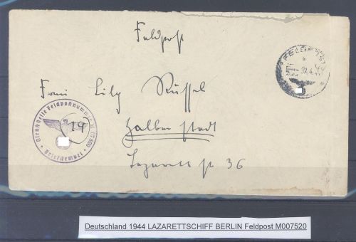 Dt. Feldpost 2. WK, Brief 1944 vom Lazarettschiff Berlin FP Nr. M007520