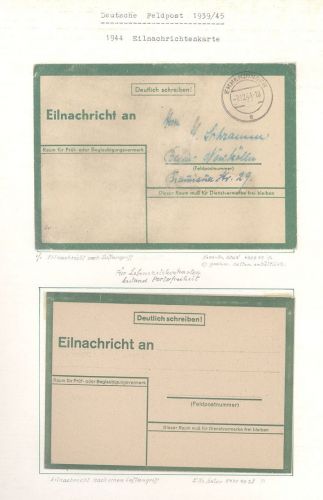 Dt. Feldpost 2. WK, 2 Eilnachrichten- Lebenszeichenkarten 1944