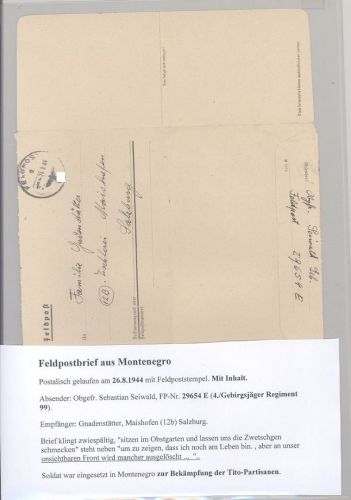 Dt. Feldpost 2. WK, Brief mit Inhalt 1944 aus Montenegro nach Salzburg