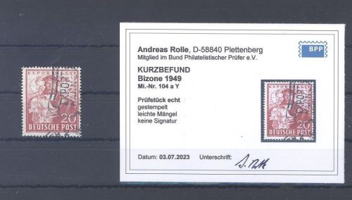 Bizone Michel Nummer 104y, Exportmesse 1949 gestempelt, Befund BPP