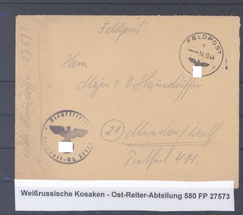 Dt. Feldpost 2. WK, Brief Weißrussische Kosaken Ost Reiter FP Nr. 27573