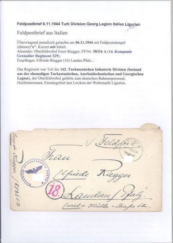 Dt. Feldpost 2. WK, Brief 1944 Turk Division Georg. Italien Ligurien
