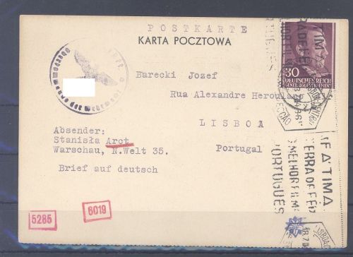 Dt. Feldpost 2. WK, GG Zensur Karte 30 Pfg. EF Lemberg nach Lissabon