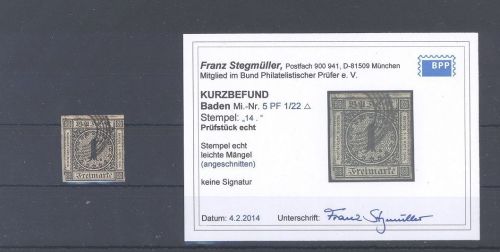 Baden Michel Nummer 5 PF 1/22, 1 Kreuzer 1853 gestempelt, Befund BPP