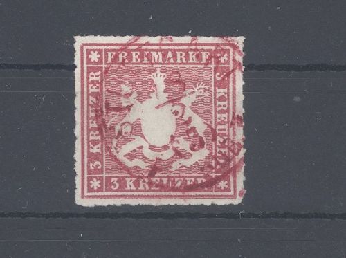 Württemberg, 3 Kreuzer Freimarke mit rotem Stempel, geprüft BPP