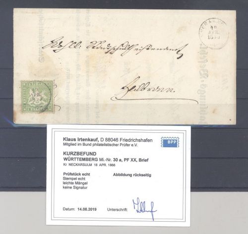 Württemberg, Brief mit Michel Nummer 30 mit PF als EF, Befund BPP