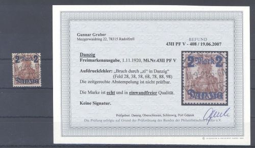 Danzig Michel Nummer 43 II, 2 Mark 1920 AF V gestempelt, Befund BPP