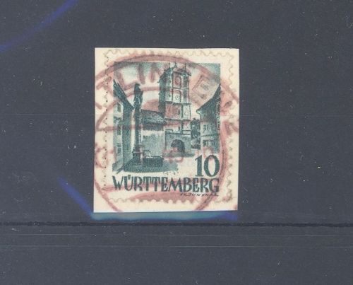 Franz. Zone Württemberg, 10 Pfg. grün mit rotem Stempel auf Briefstück