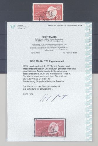DDR Michel Nummer 721 X, Lunik 2 Papierabart gestempelt, FA VP