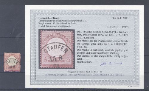 Dt. Reich, 3 Kreuzer Brustschild mit Plattenfehler XVI, Befund BPP
