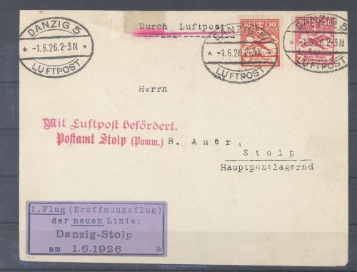 Danzig, Luftpost Brief Eröffnungsflug 1926 Linie Danzig - Stolp