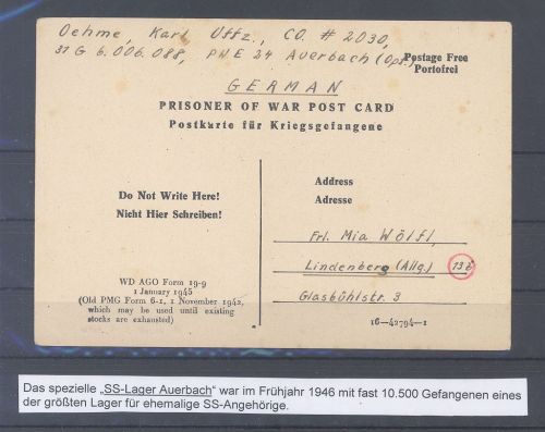 Dt. Feldpost 2. WK, Kriegsgefangenenpost 1946 "SS - Lager Auerbach"