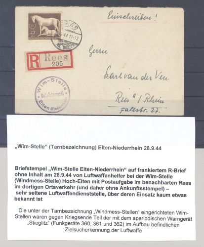 Dt. Feldpost 2. WK, Brief 1944 "Wim-Stelle" - Tarnbezeichnung aus Rees