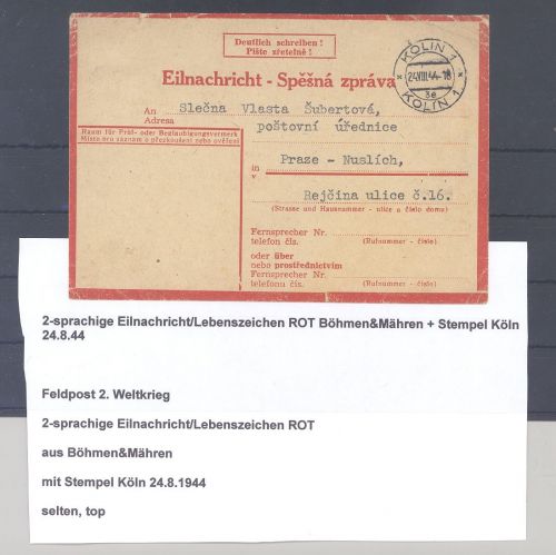 Dt. Feldpost 2. WK, 2 Sprachen Eilnachrichten- Lebenszeichenkarte